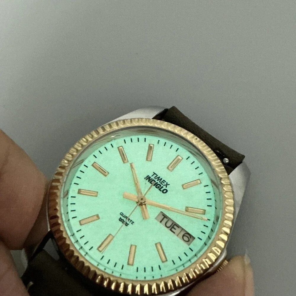 Vtg Timex Indiglo Mens Watch 34mm Two Tone Brown Leather Day Date New Battery